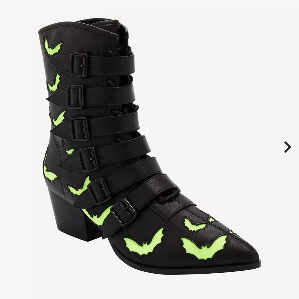 Strange Cvlt COVEN Glow-in-the-Dark Black with Green Bats Ankle Boots RARE Sz8